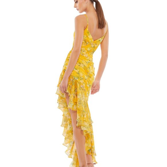 NWT MAC DUGGAL SZ 4 70202 FLORAL RUFFLE ASYMMETRICAL SLIT GOWN‎ YELLOW MULTI - Picture 6 of 9